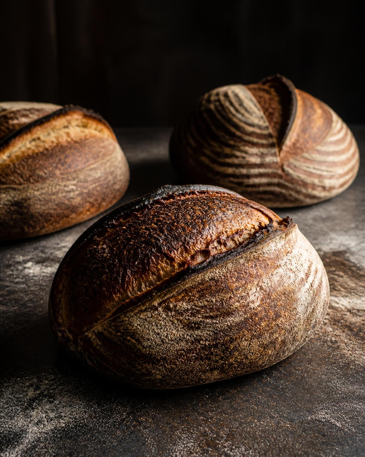 Artisan sourdough loaves from an in-house bread program