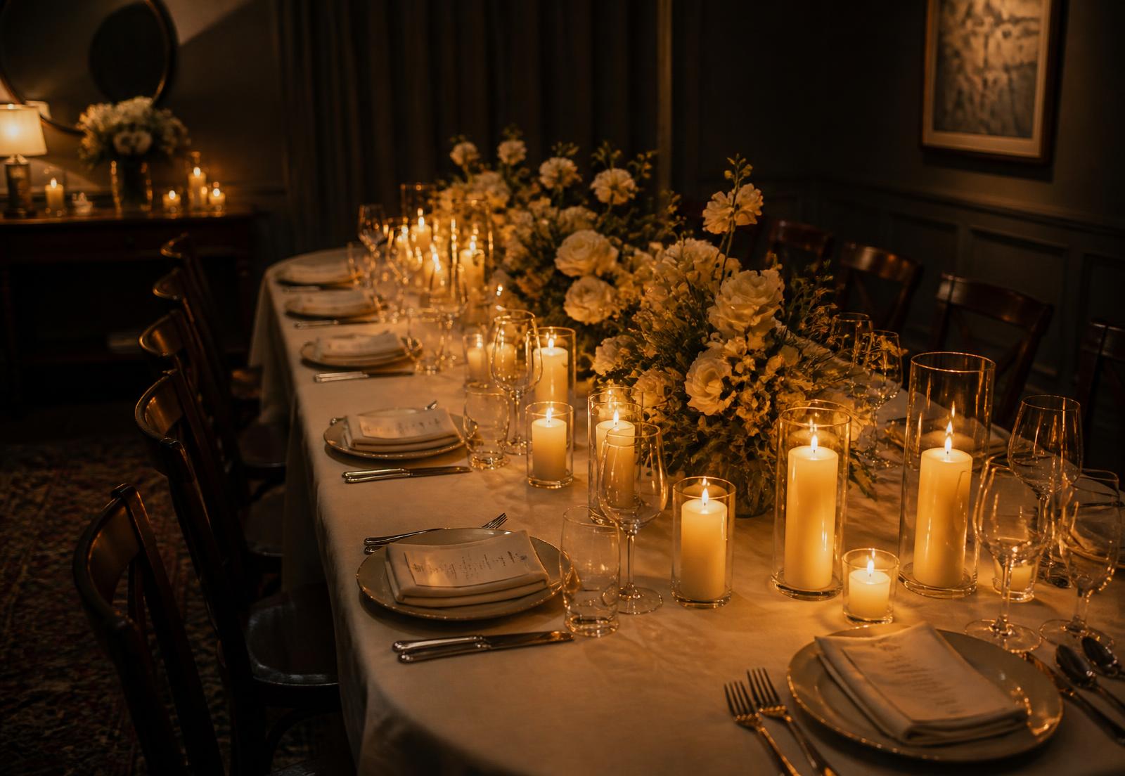Candlelit private dinner table set for a seated tasting menu